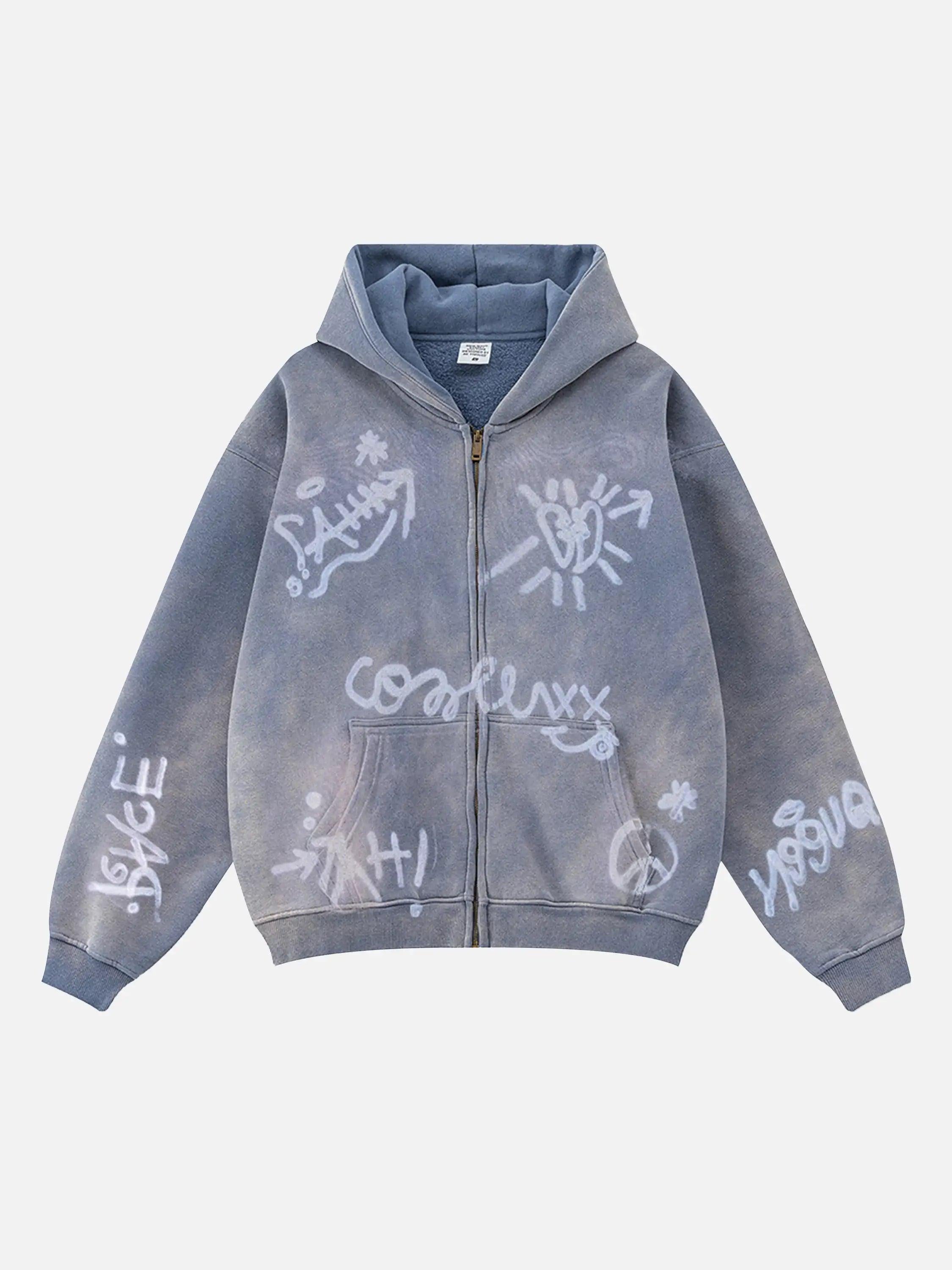 Concert Outfit Hand-Drawn Graffiti Washed Thick Hoodie