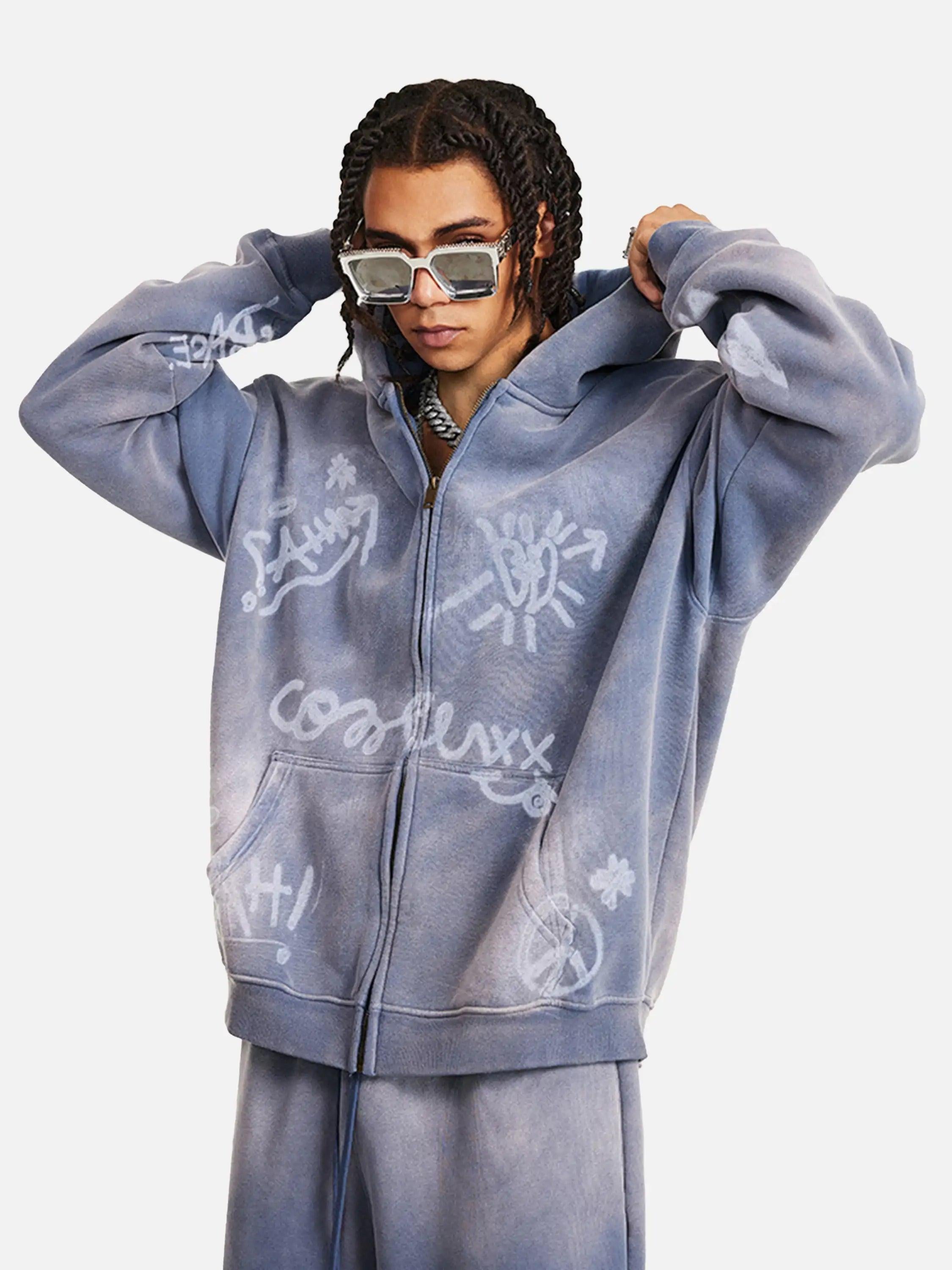 Concert Outfit Hand-Drawn Graffiti Washed Thick Hoodie
