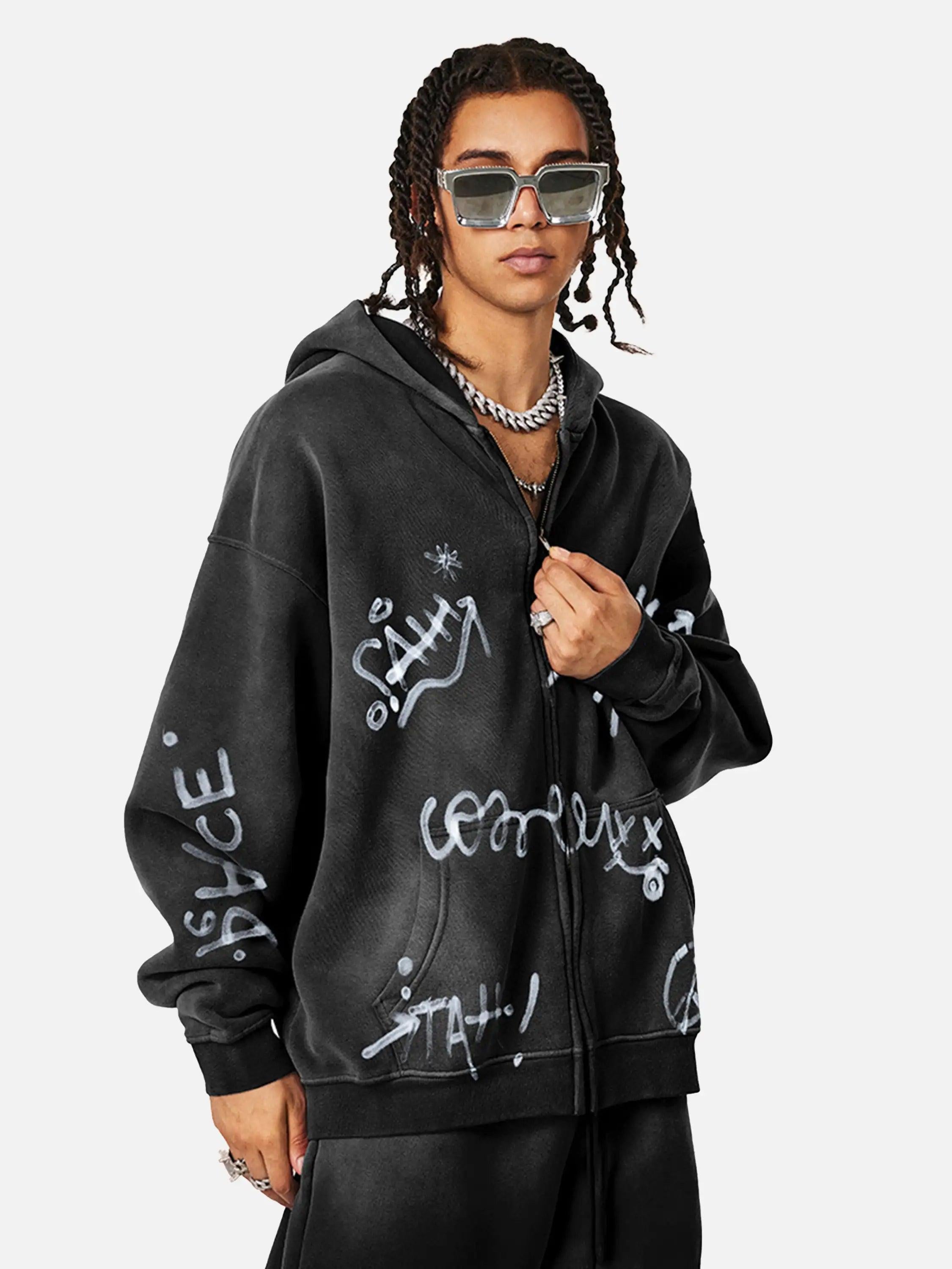 Concert Outfit Hand-Drawn Graffiti Washed Thick Hoodie