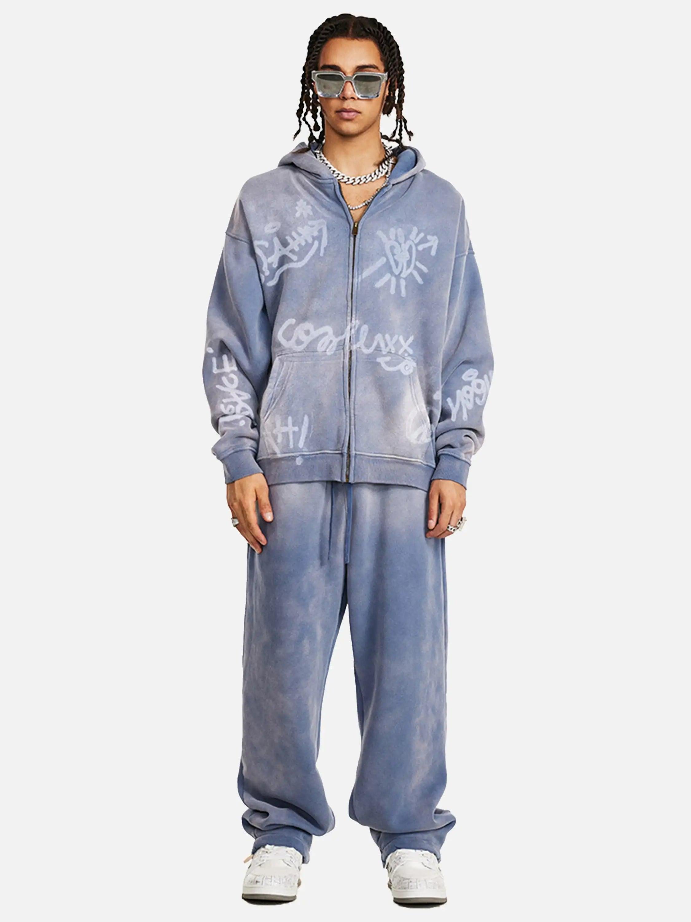 Concert Outfit Hand-Drawn Graffiti Washed Thick Hoodie