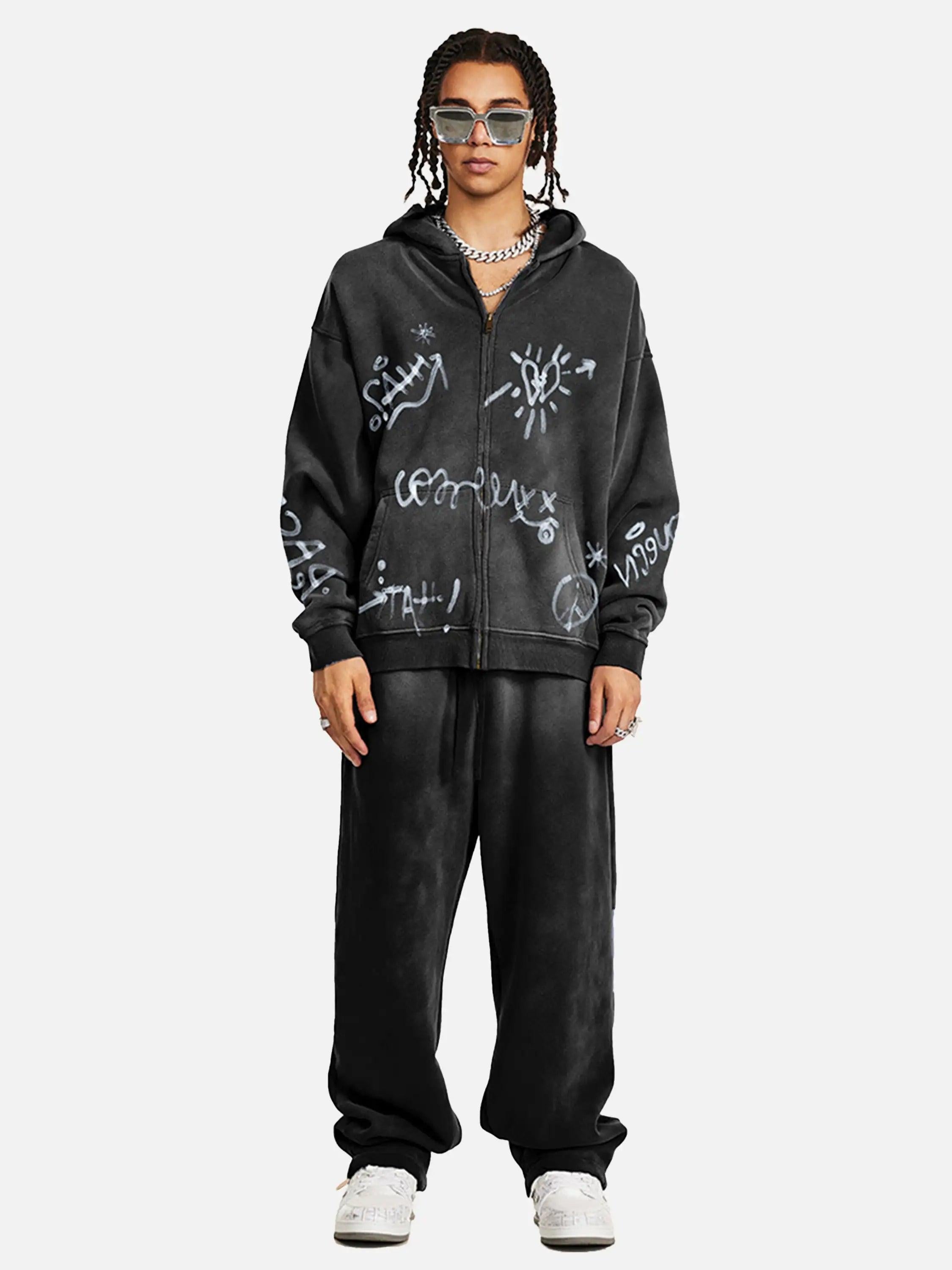 Concert Outfit Hand-Drawn Graffiti Washed Thick Hoodie
