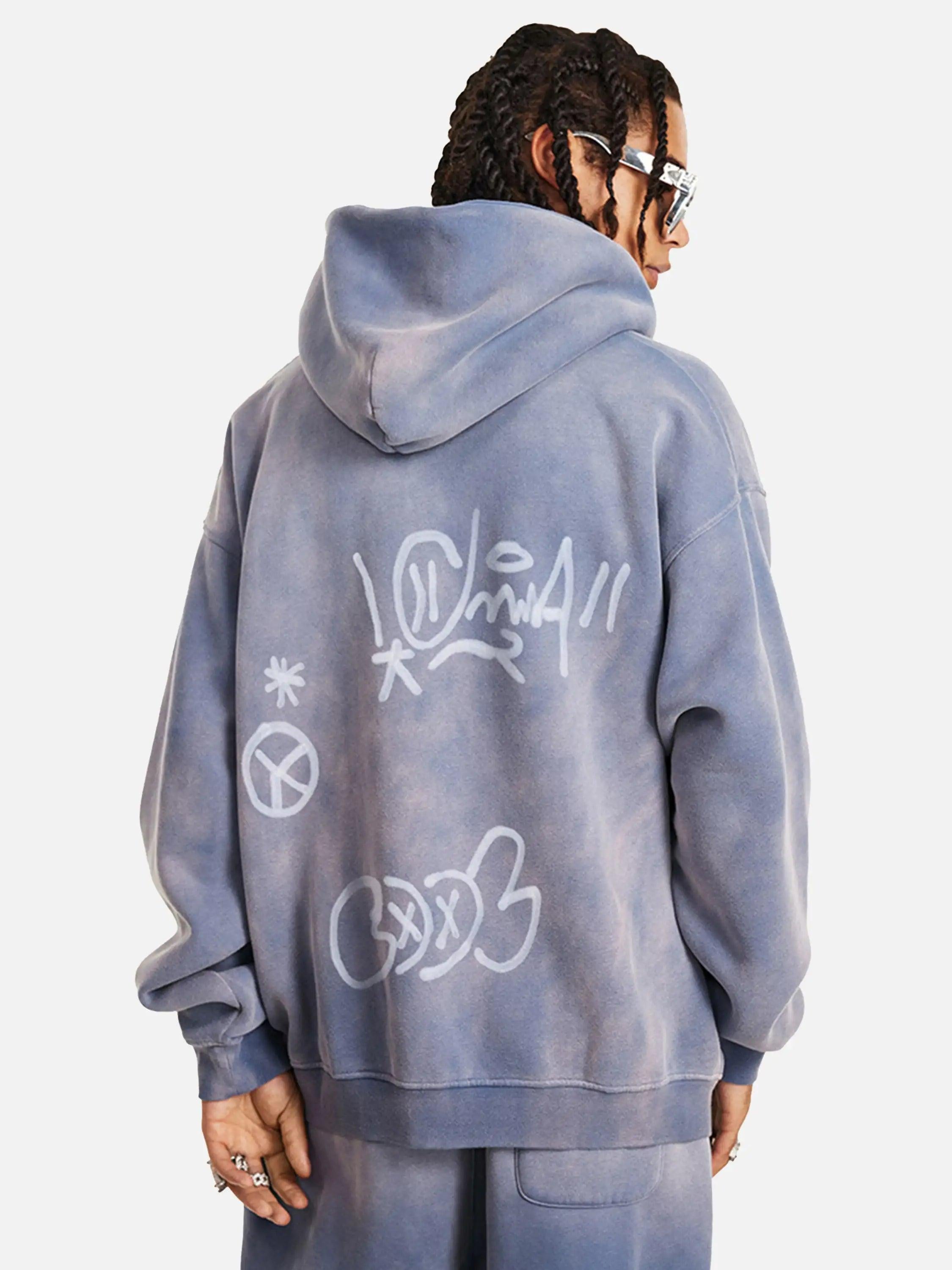 Concert Outfit Hand-Drawn Graffiti Washed Thick Hoodie