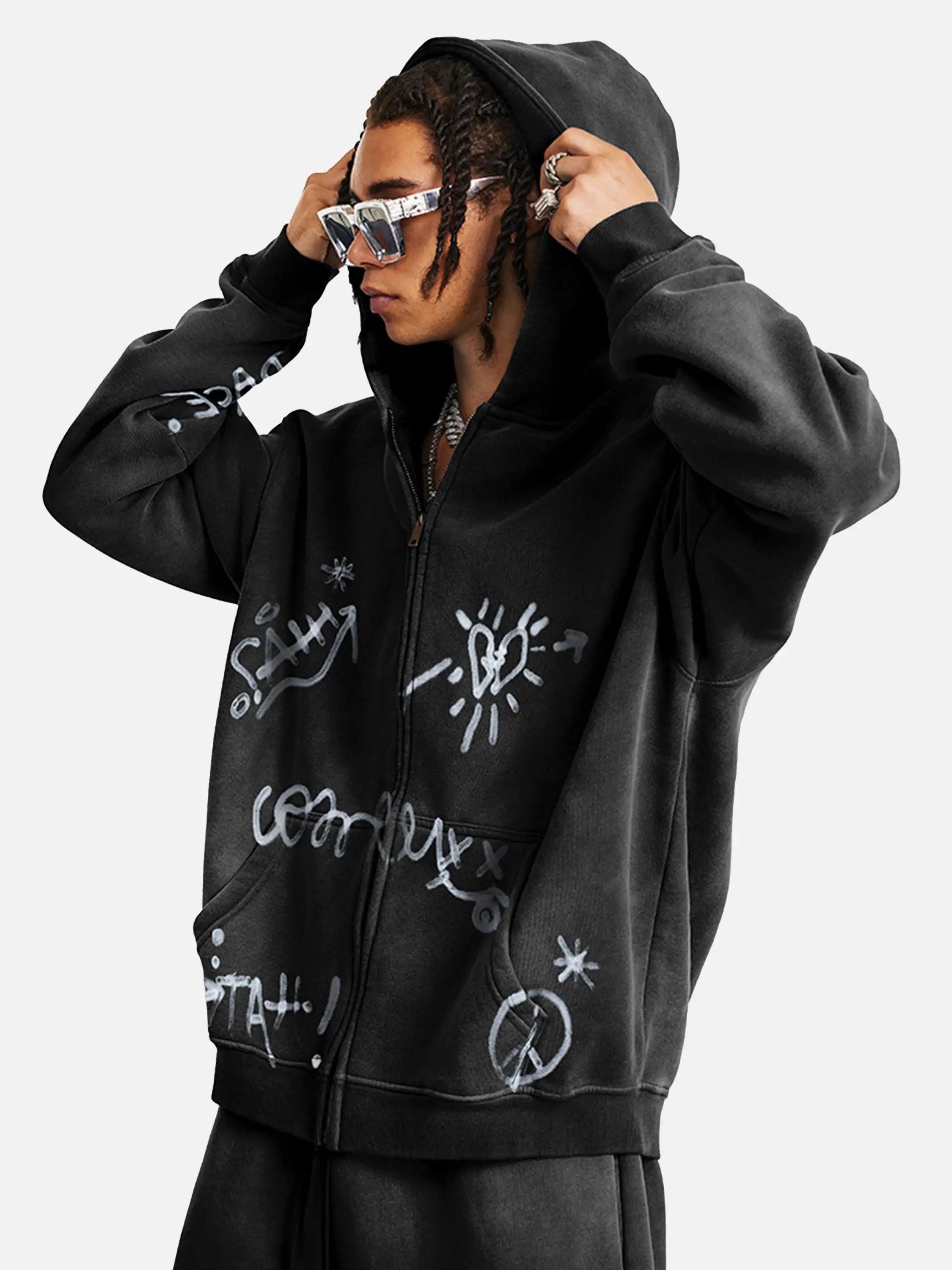 Concert Outfit Hand-Drawn Graffiti Washed Thick Hoodie