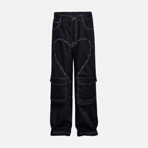 Concert Outfit Heart Rivet Multi-Pocket Jeans