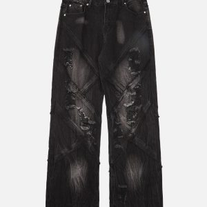 Concert Outfit Heavy Washed Ripped Plaid Stitching Hip-Hop Jeans