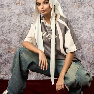 Concert Outfit Jersey Deconstructed Contrast Color Stitching Print T-Shirt