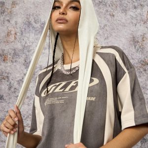 Concert Outfit Jersey Deconstructed Contrast Color Stitching Print T-Shirt