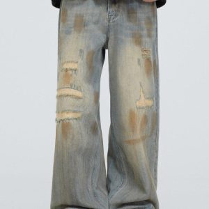 Concert Outfit Mud Dyeing Distressed Vintage Fade Jeans