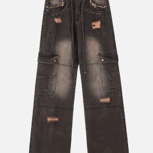 Concert Outfit Multi-Pocket Ribbon Raw Edge Jeans