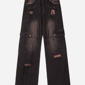 Concert Outfit Multi-Pocket Ribbon Raw Edge Jeans