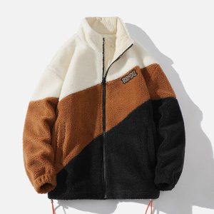 Concert Outfit Patchwork Contrast Sherpa Winter Coat