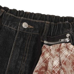 Concert Outfit Patchwork Plaid Pleated Baggy Barrel Jeans