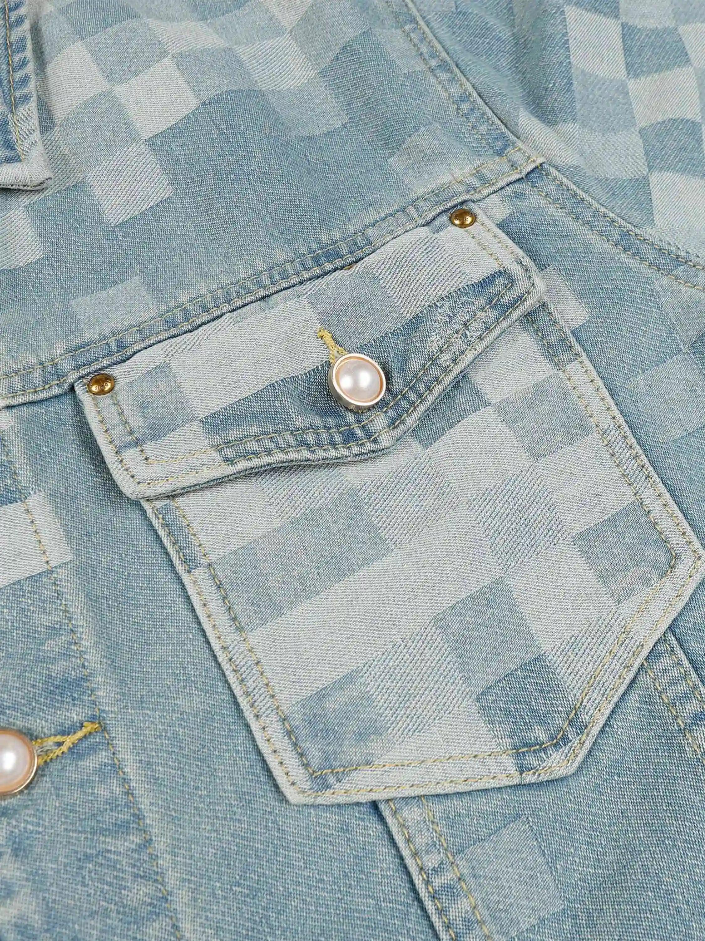 Concert Outfit Plaid Pearl Button Denim Jacket