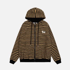 Concert Outfit Puppy Patch Embroidered Striped Zip-Up Hoodie