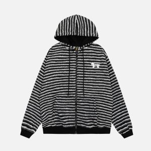 Concert Outfit Puppy Patch Embroidered Striped Zip-Up Hoodie
