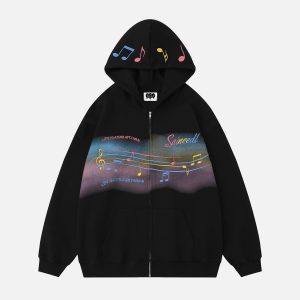 Concert Outfit Rainbow Musical Notes Embroidered Hoodie