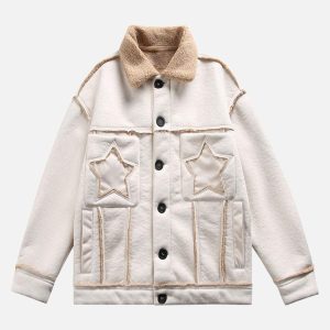 Concert Outfit Raw Edge Star Embroidered Fleece Jacket