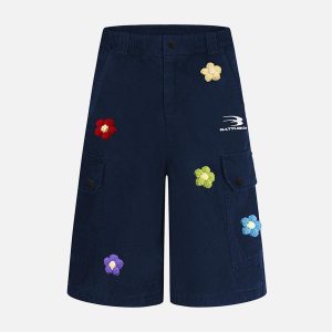 Concert Outfit Retro Floral Embroidered Pleated Multi-Pocket Cargo Jorts