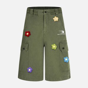 Concert Outfit Retro Floral Embroidered Pleated Multi-Pocket Cargo Jorts