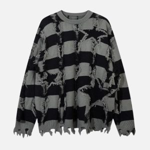 Concert Outfit Street Star Stripe Whisker Ripped Crew Neck Sweater
