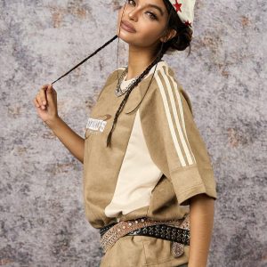 Concert Outfit Suede Contrast Color Spliced Letter Embroidery Oversize T-Shirt