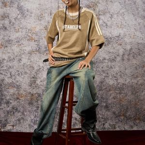 Concert Outfit Suede Contrast Color Spliced Letter Embroidery Oversize T-Shirt