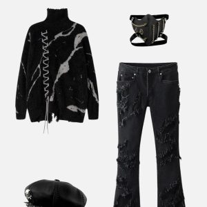 Concert Outfit Tie-Dye Bandage Turtleneck Sweater