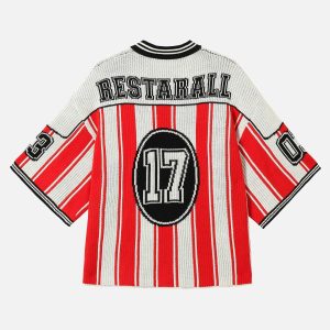 Concert Outfit Vintage Striped Baseball Short-Sleeved Knit Sweater