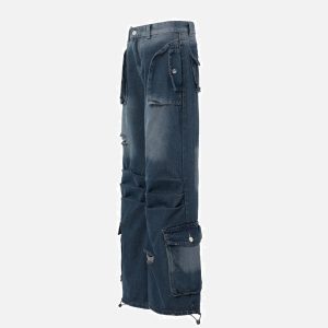 Concert Outfit Vintage Washed Multi-Pocket Jeans