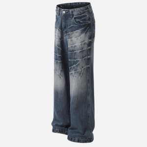 Concert Outfit Washed Lightning Print Loose Jeans
