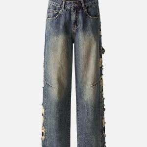 Concert Outfit Washed Side Ripped Straight Jeans