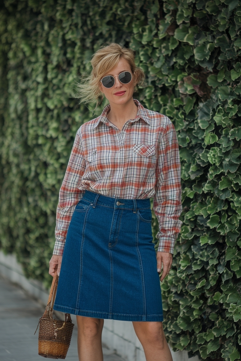 Trendy 80s Denim Skirt Outfit for Women outfit idea
