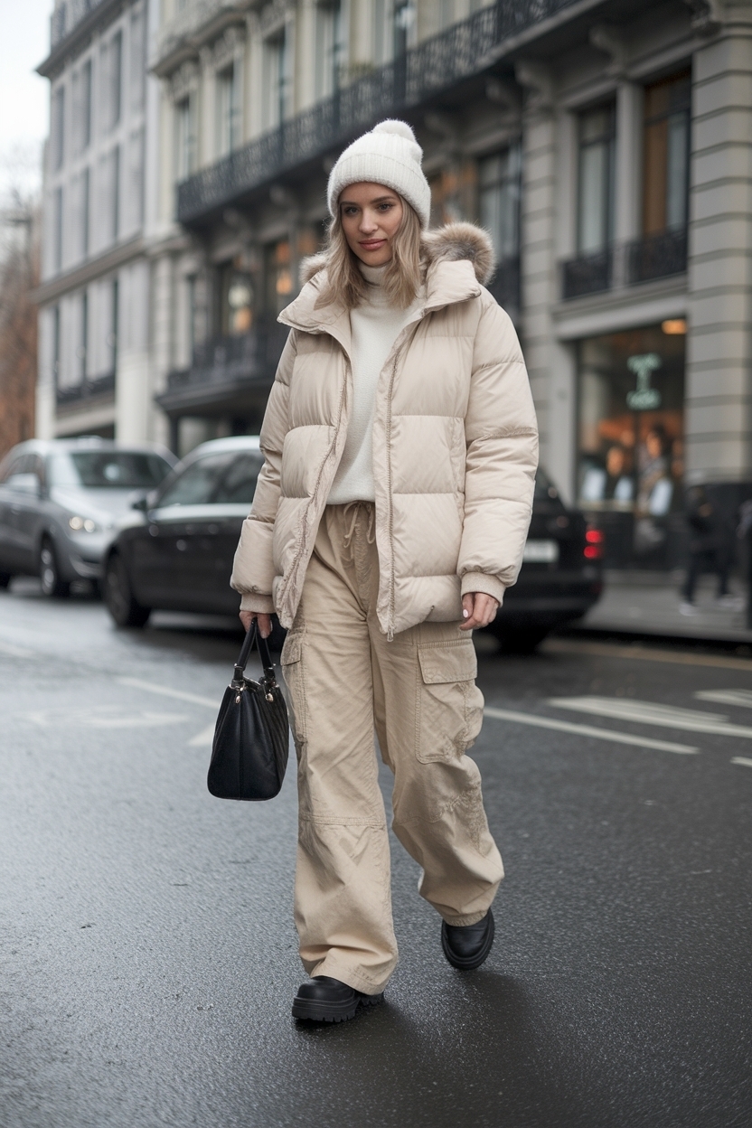 Stylish Beige Cargo Pants Outfit Winter for Chilly Days outfit idea