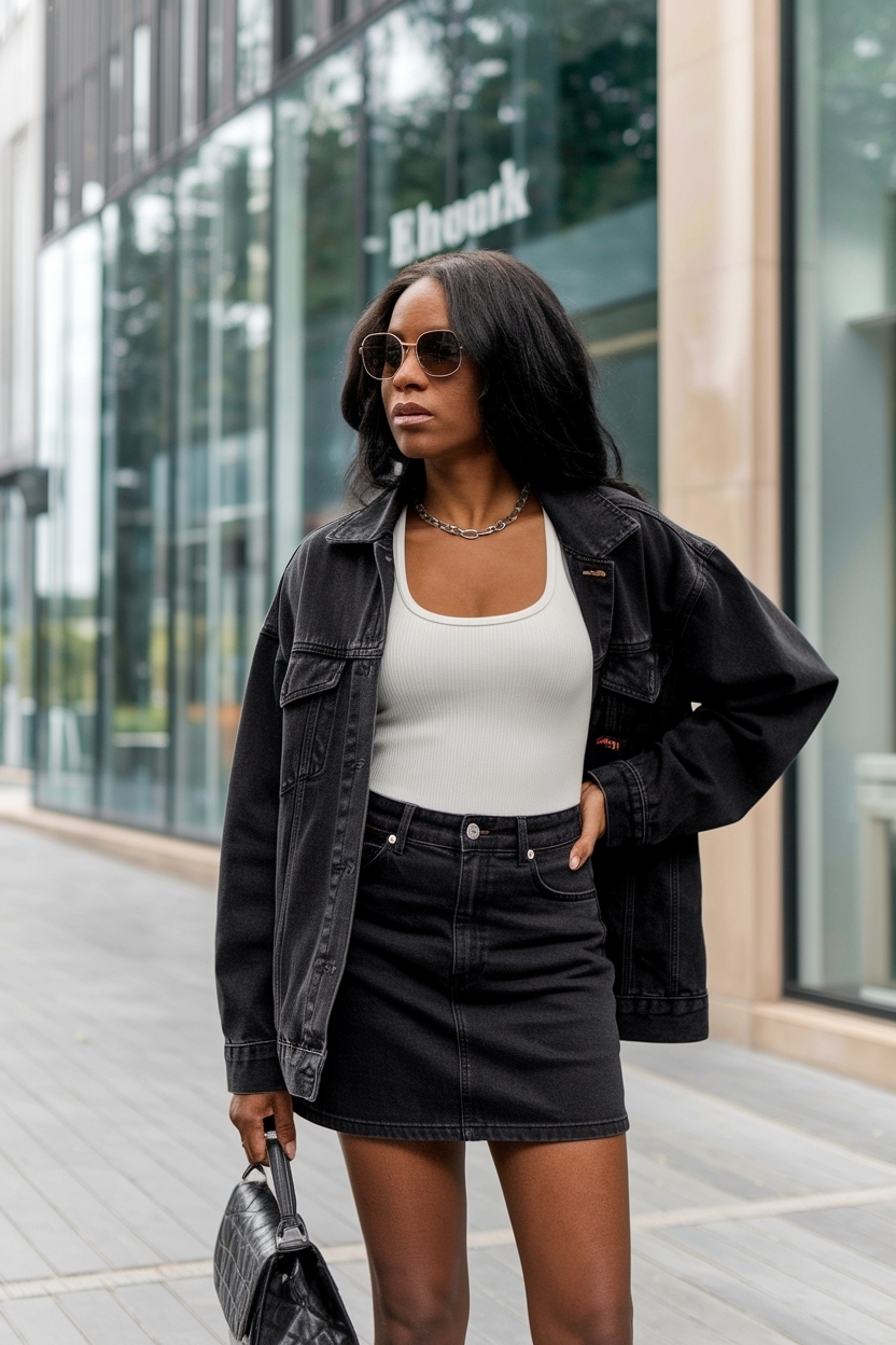 Black Denim Mini Skirt Outfit Black Women: Style Tips outfit idea