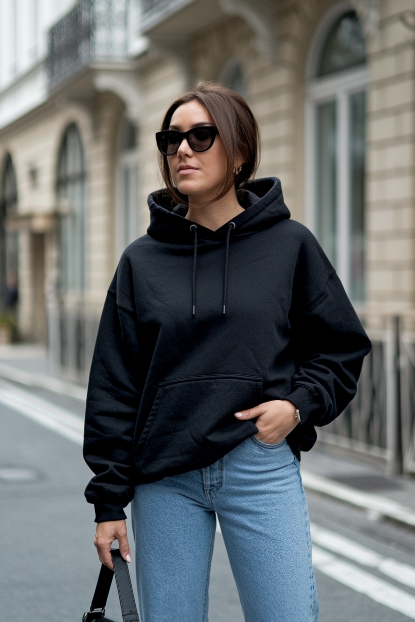 Chic Black Hoodie and Jeans Outfit for Cozy Days outfit idea
