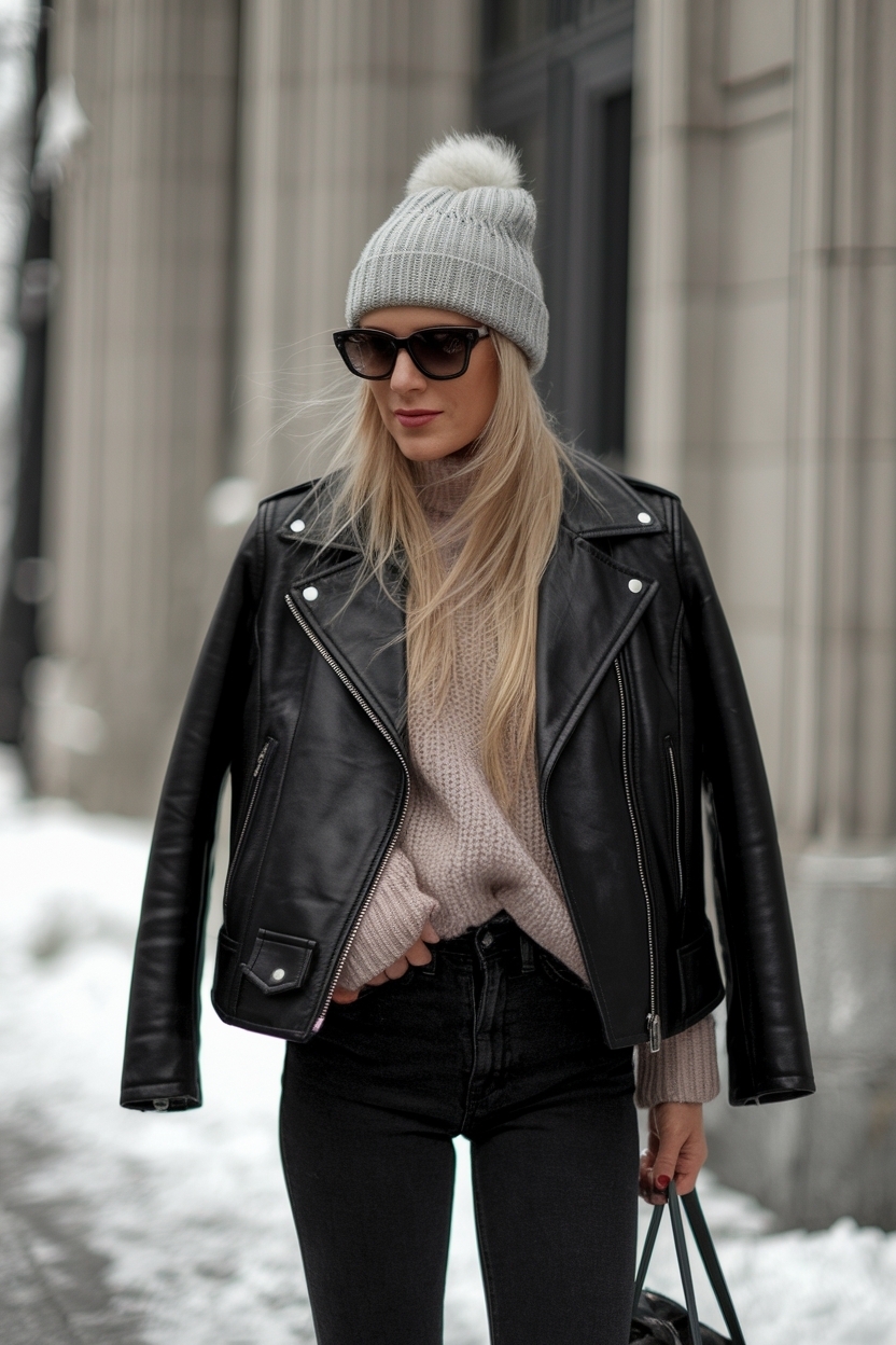 Black Leather Jacket Outfit Winter: Stay Warm in Style outfit idea