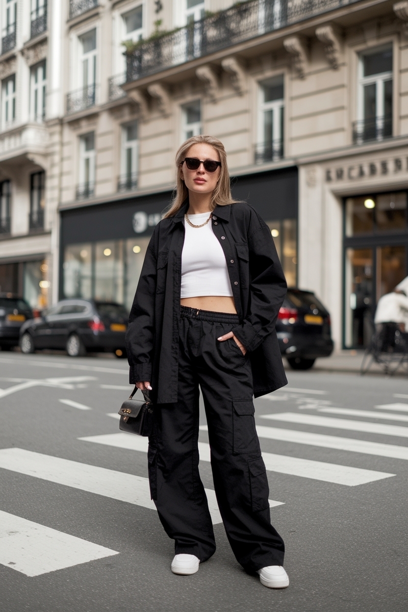 Trendy Black Oversized Cargo Pants Outfit for Women outfit idea