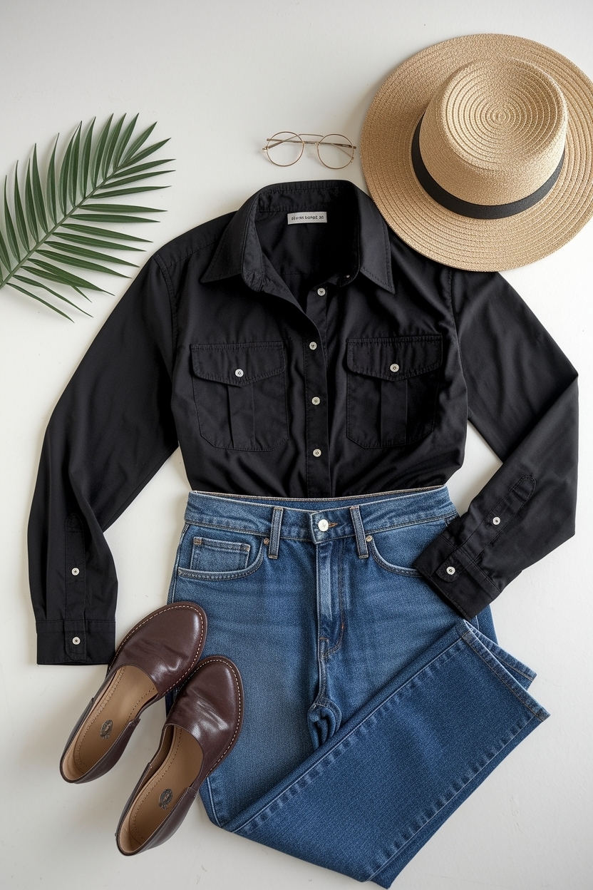 Black Shirt and Blue Jeans Outfit for Casual Days outfit idea