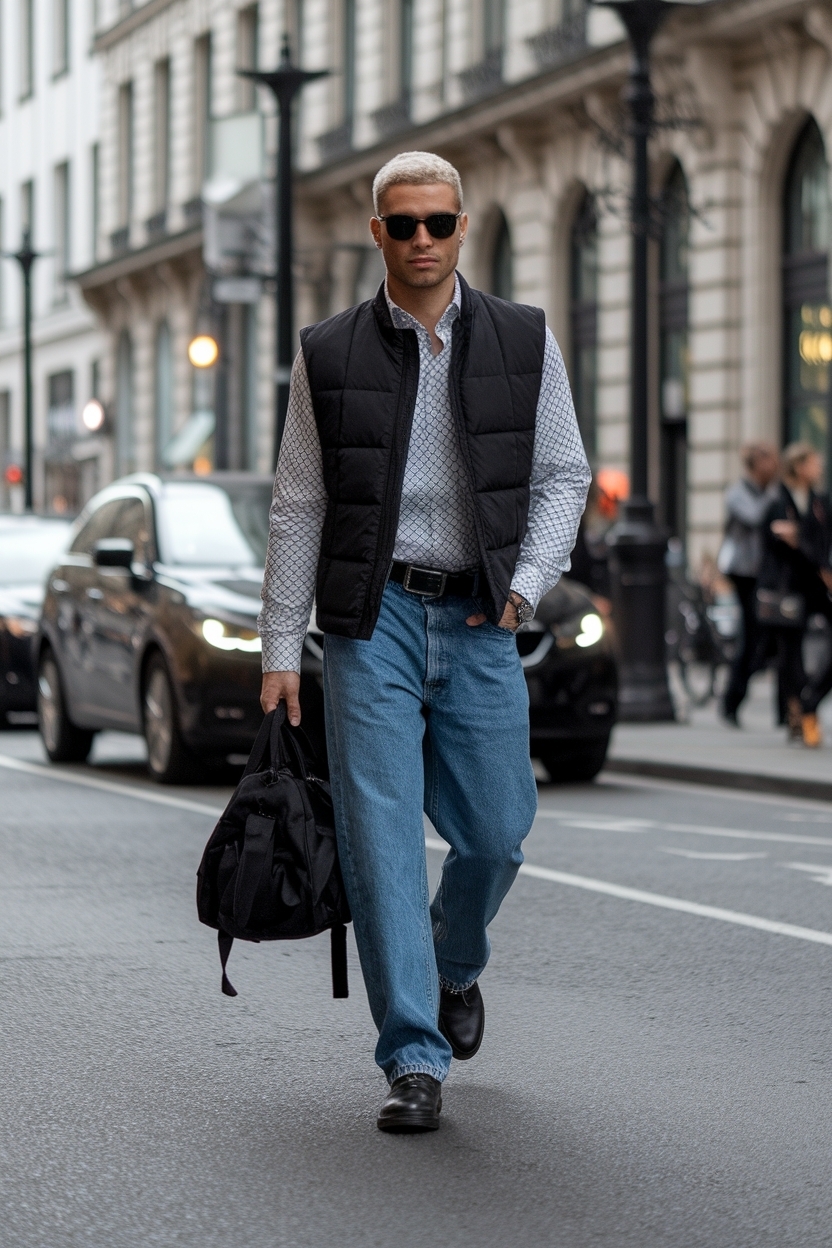 Sleek Black Vest and Jeans Outfit for a Layered Look outfit idea