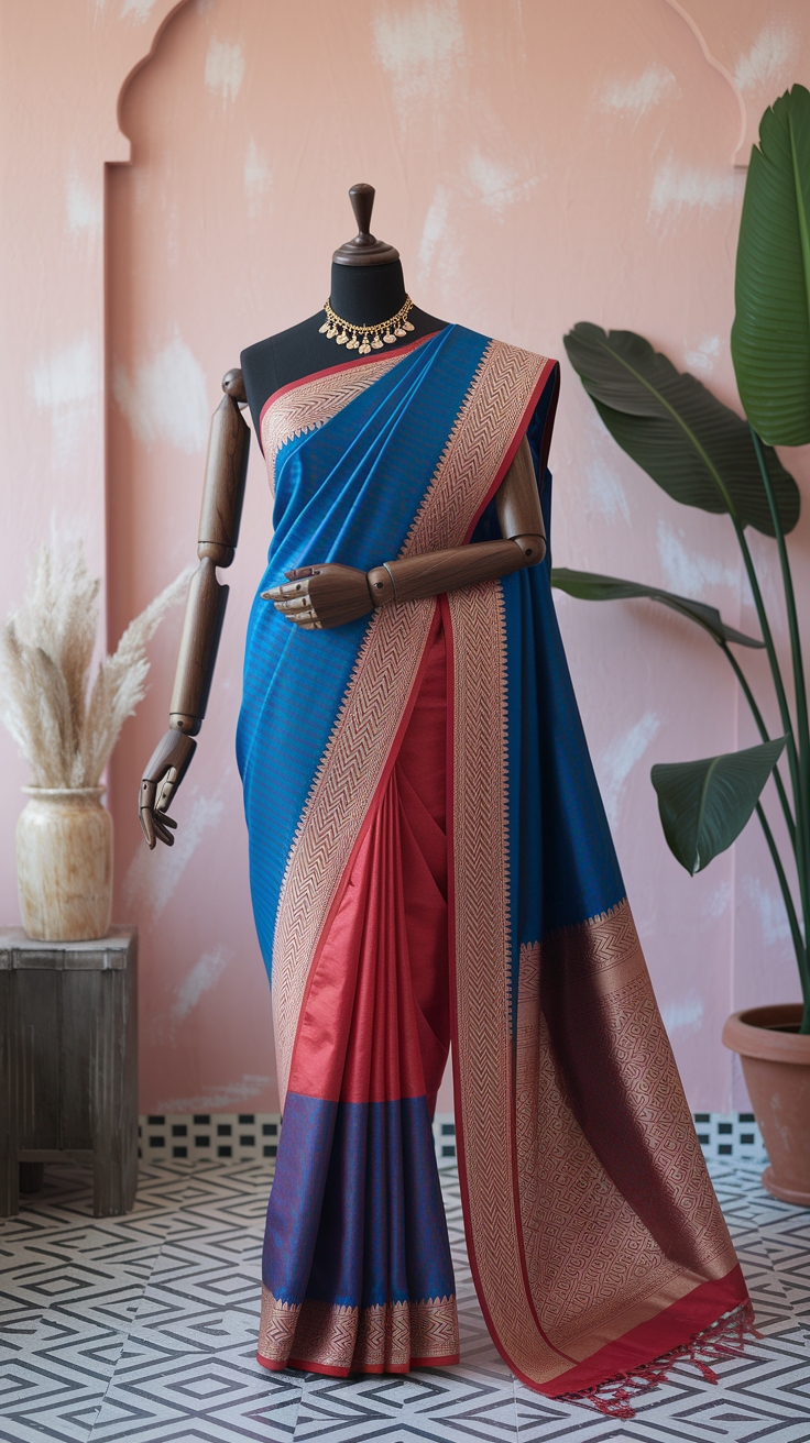 Stunning Blue and Red Saree for Festive Looks outfit idea
