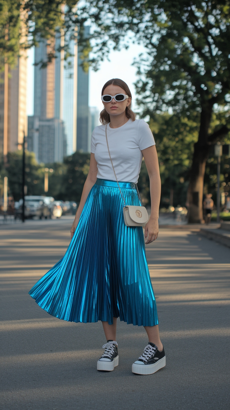 Blue Metallic Skirt Outfit: Shine Bright This Season outfit idea