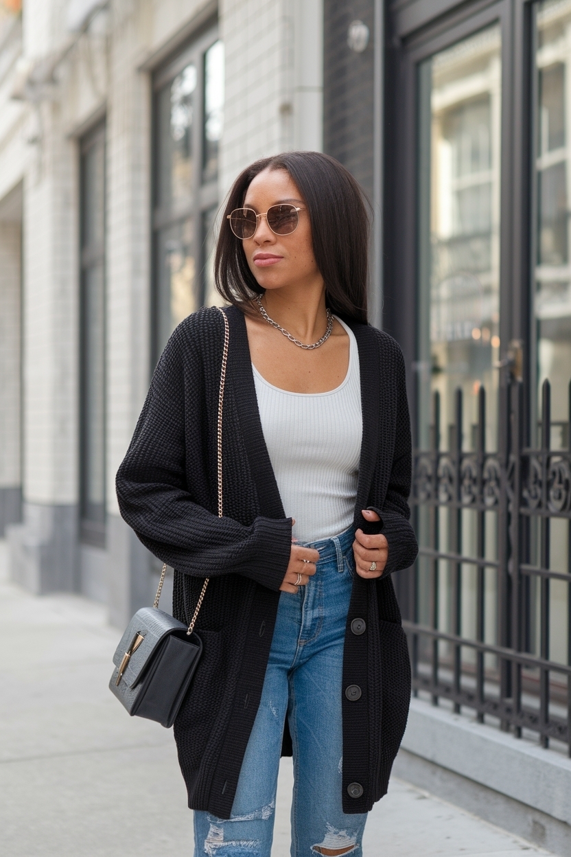 Button Up Cardigan Outfit Black Women: Stylish Combinations outfit idea