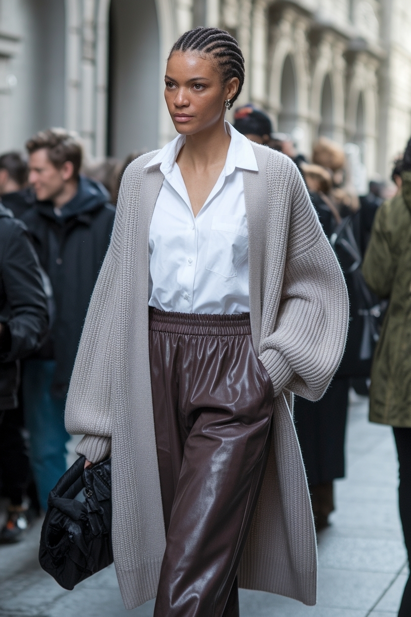 Cardigan and Leather Pants Outfit Black: Layering Ideas outfit idea