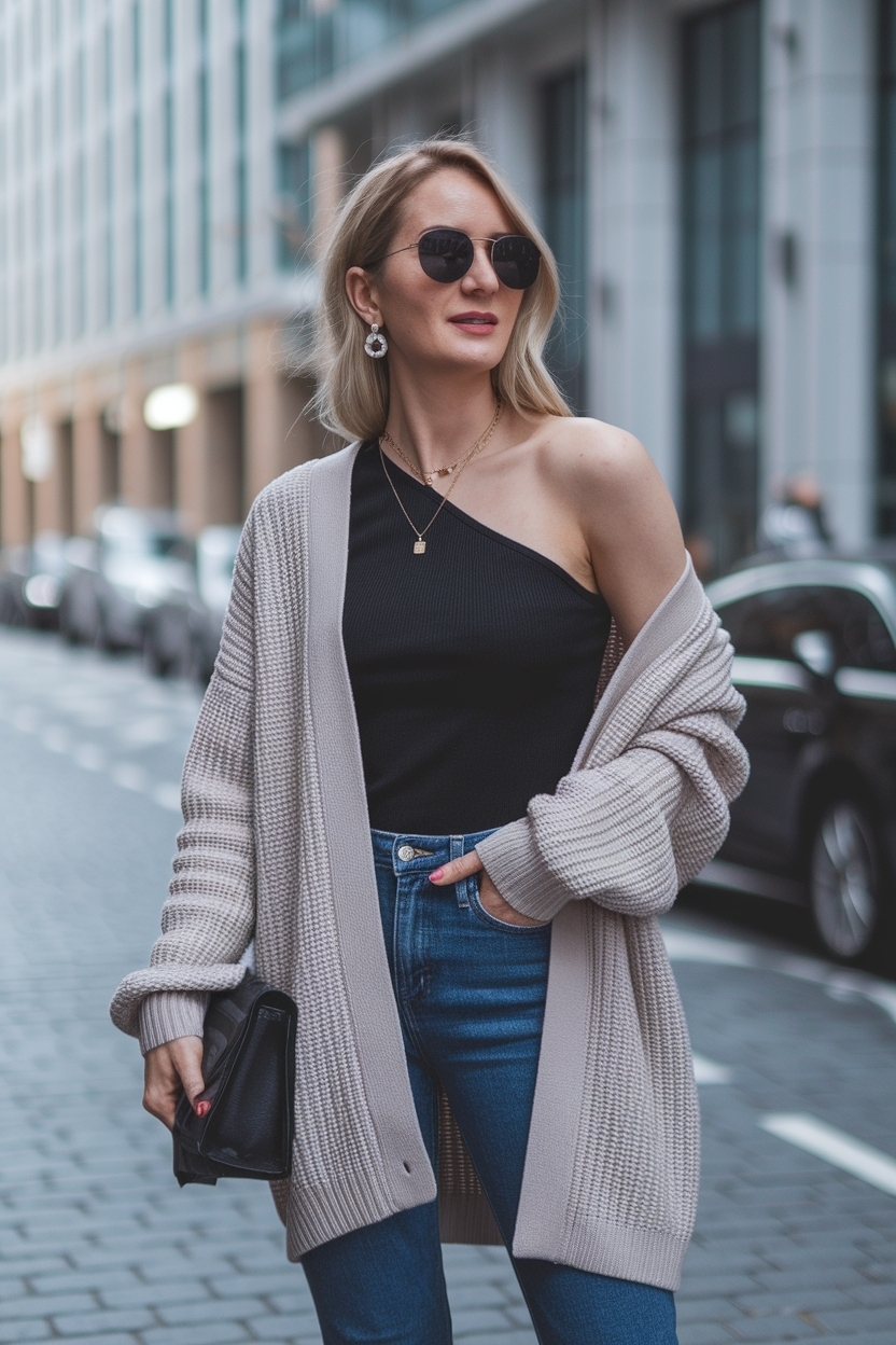 Stylish Cardigan on Shoulder Outfit Women for Casual Days outfit idea