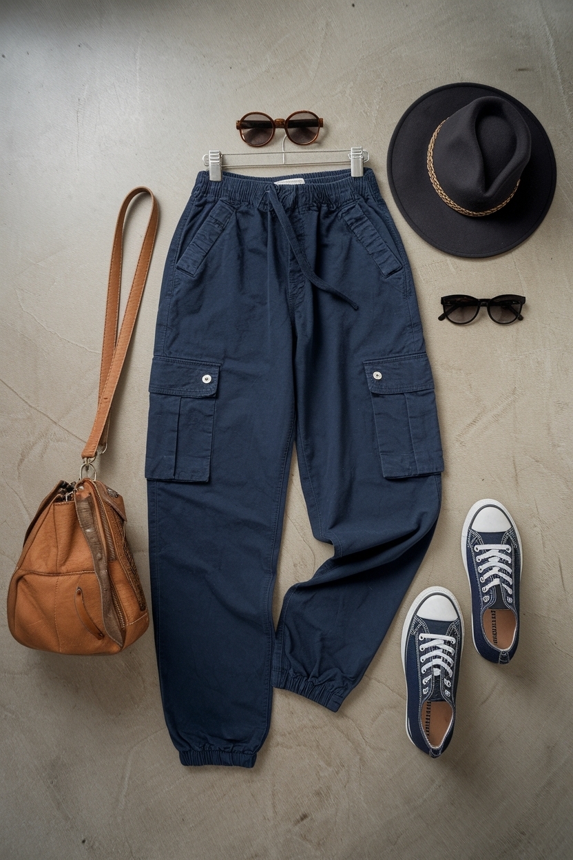 Sophisticated Dark Blue Cargo Pants Outfit for Work outfit idea