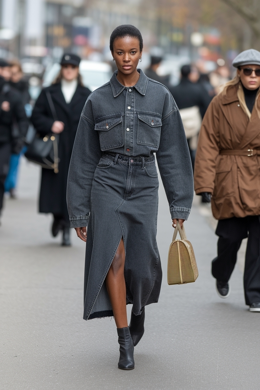 Dark Grey Denim Skirt Outfit Black Women: Casual Elegance outfit idea