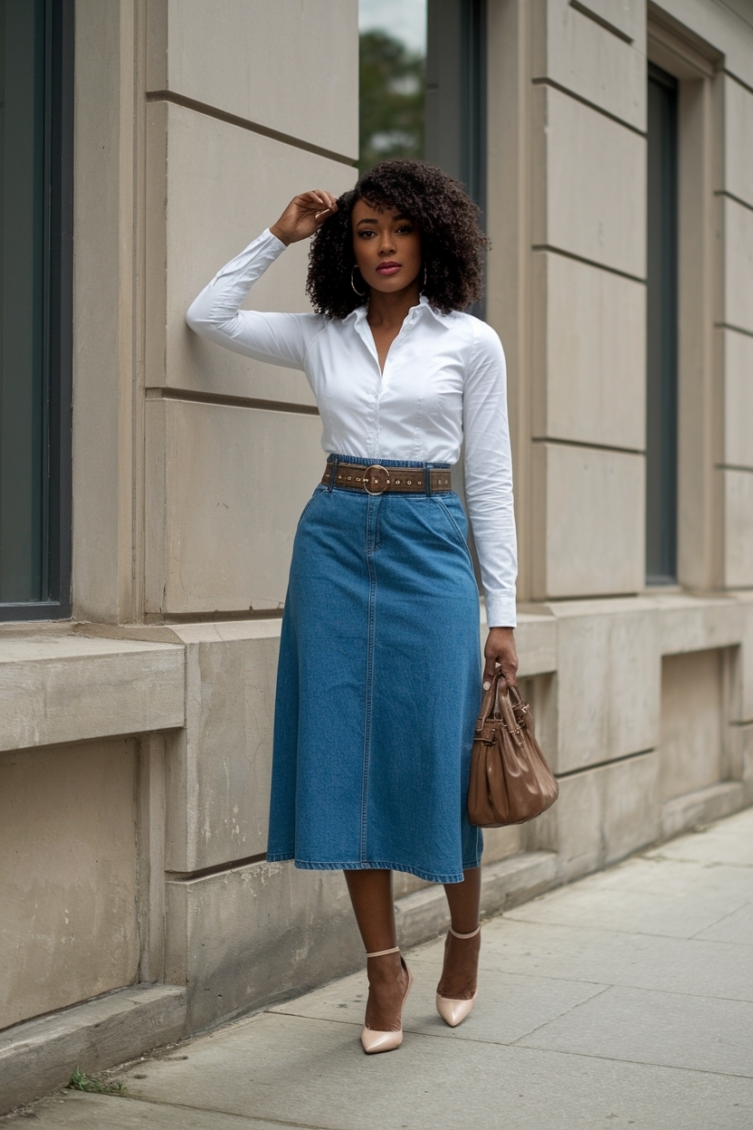 Denim Midi Skirt Outfit Black Women: Effortless Fashion outfit idea