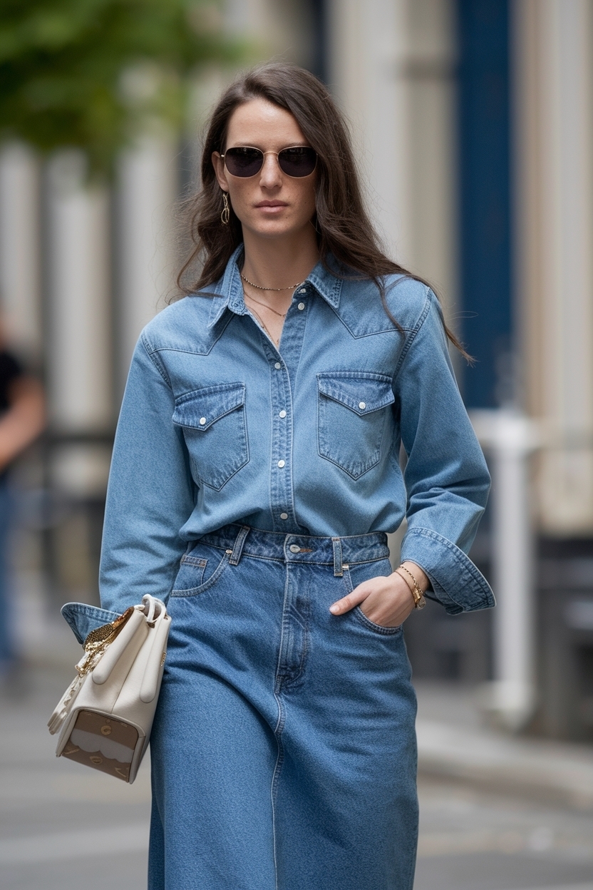 Denim Shirt and Denim Skirt Outfit Women: Perfect Pairing outfit idea