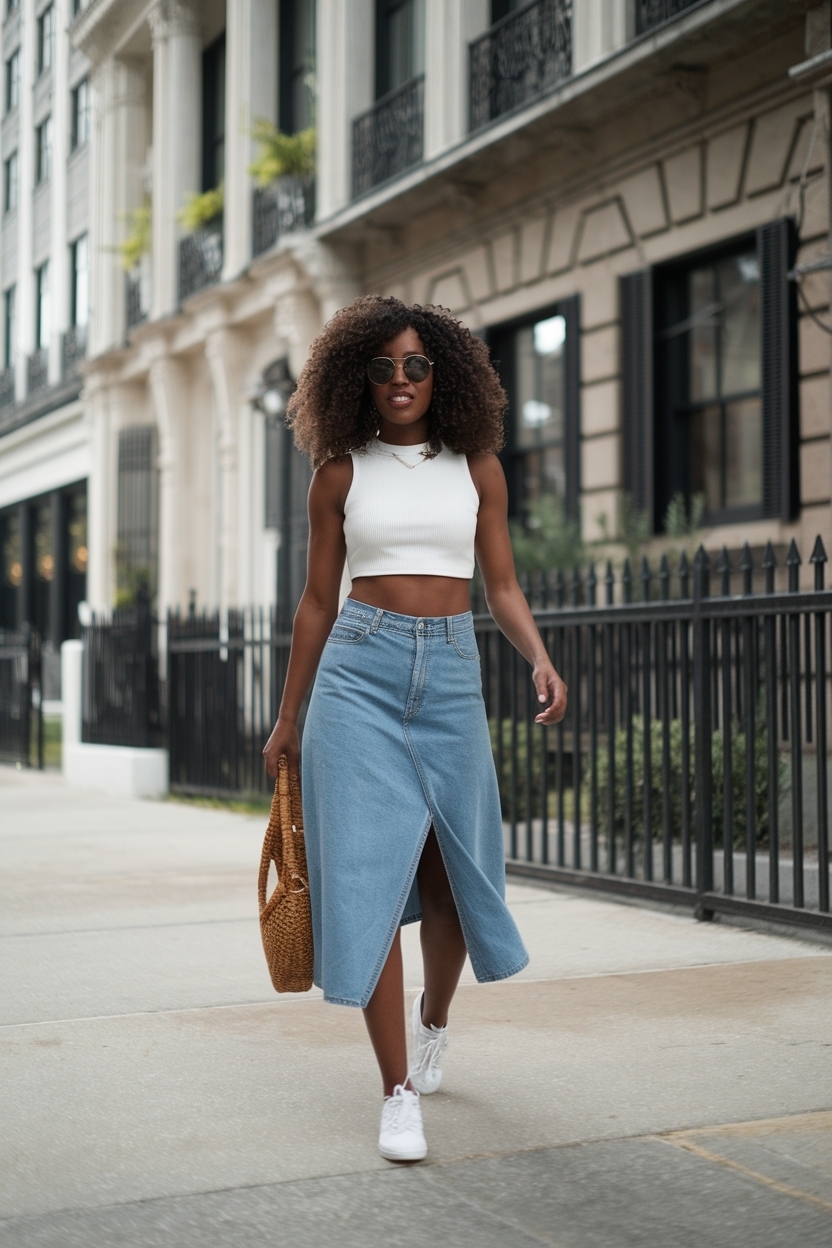 Denim Skirt Crop Top Outfit Black Women: Summer Styles outfit idea