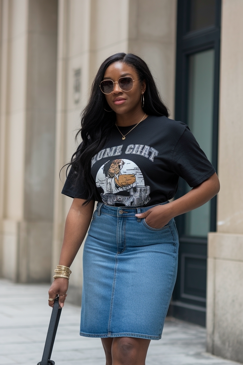 Denim Skirt Graphic Tee Outfit Black Women: Style Tips outfit idea